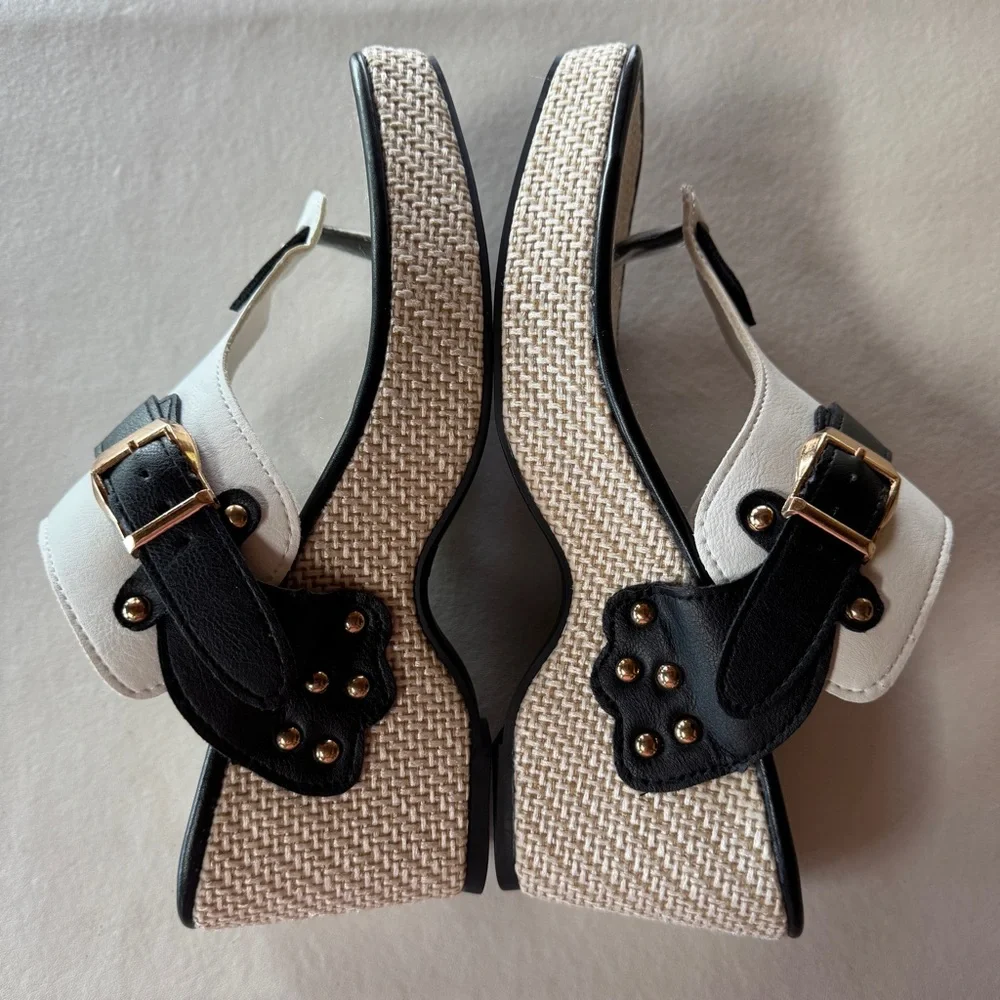 NWT Platform Thong Sandals White Black Adjustable (40) - Picture 10 of 17